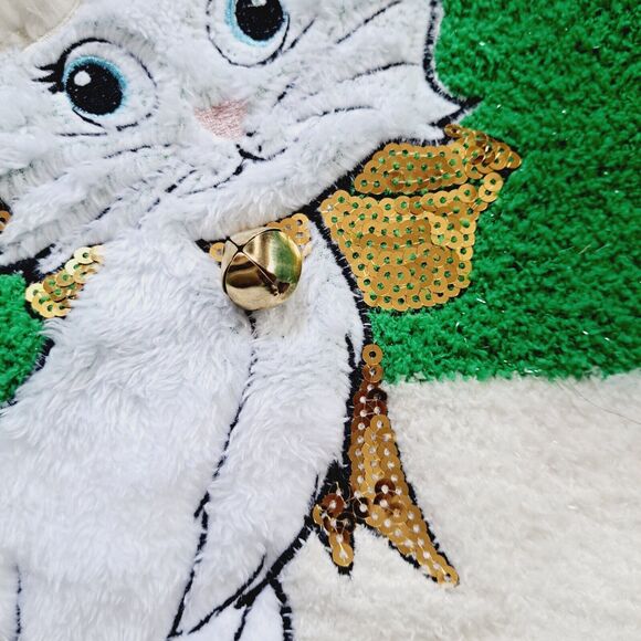 Merry Christmas by Poof Sweater Sz Medium Green White Sparkle Kitty Hat Bell NWT - Picture 13 of 16